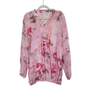 Susan Graver Floral‎ Sheer Womens Blouse Large Pink Lace Romantic Feminine Tunic